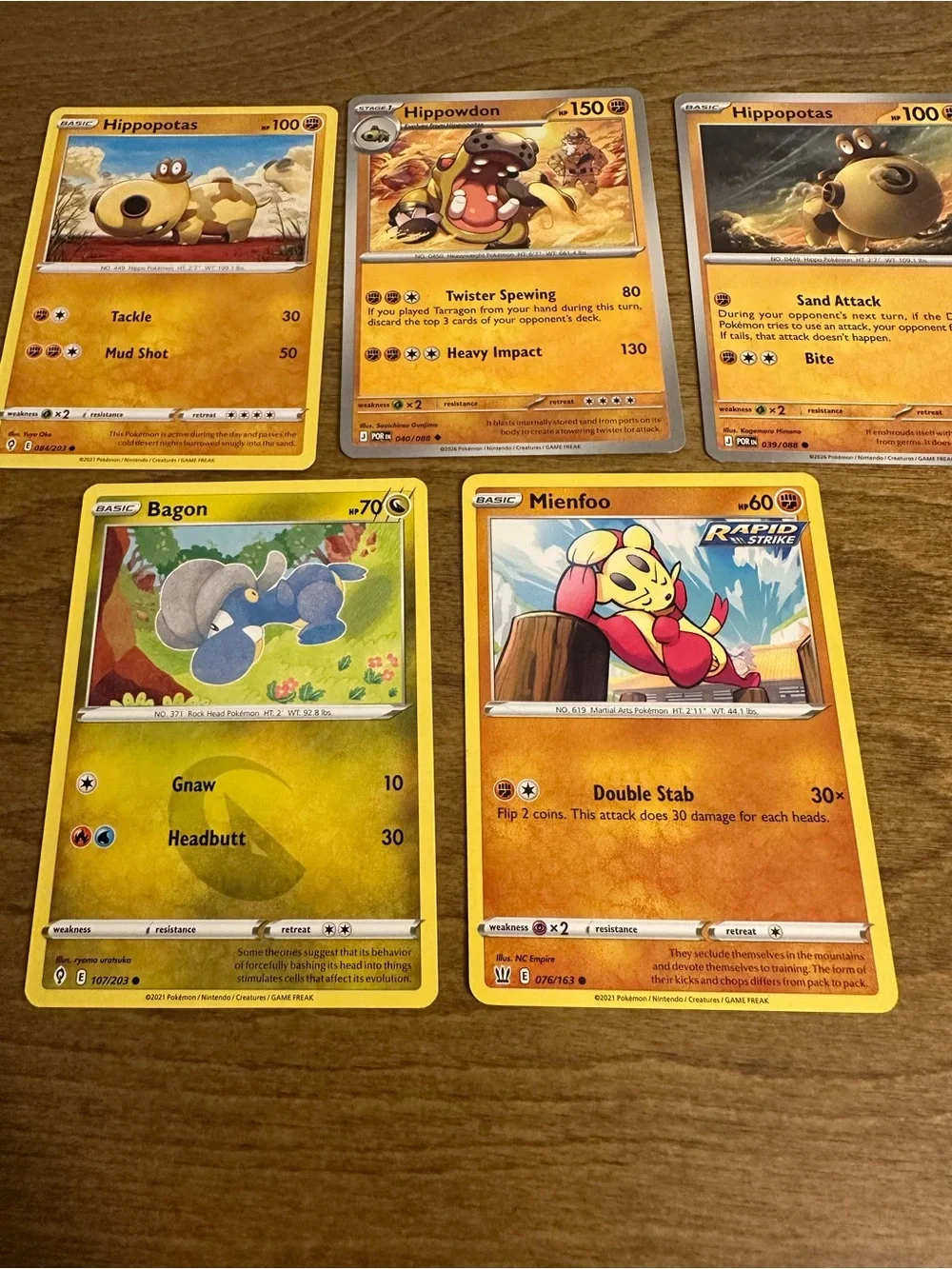 Lot of 5 Pokemon Cards Hippopotas, Hippowdon, Mienfoo and Bagon NM